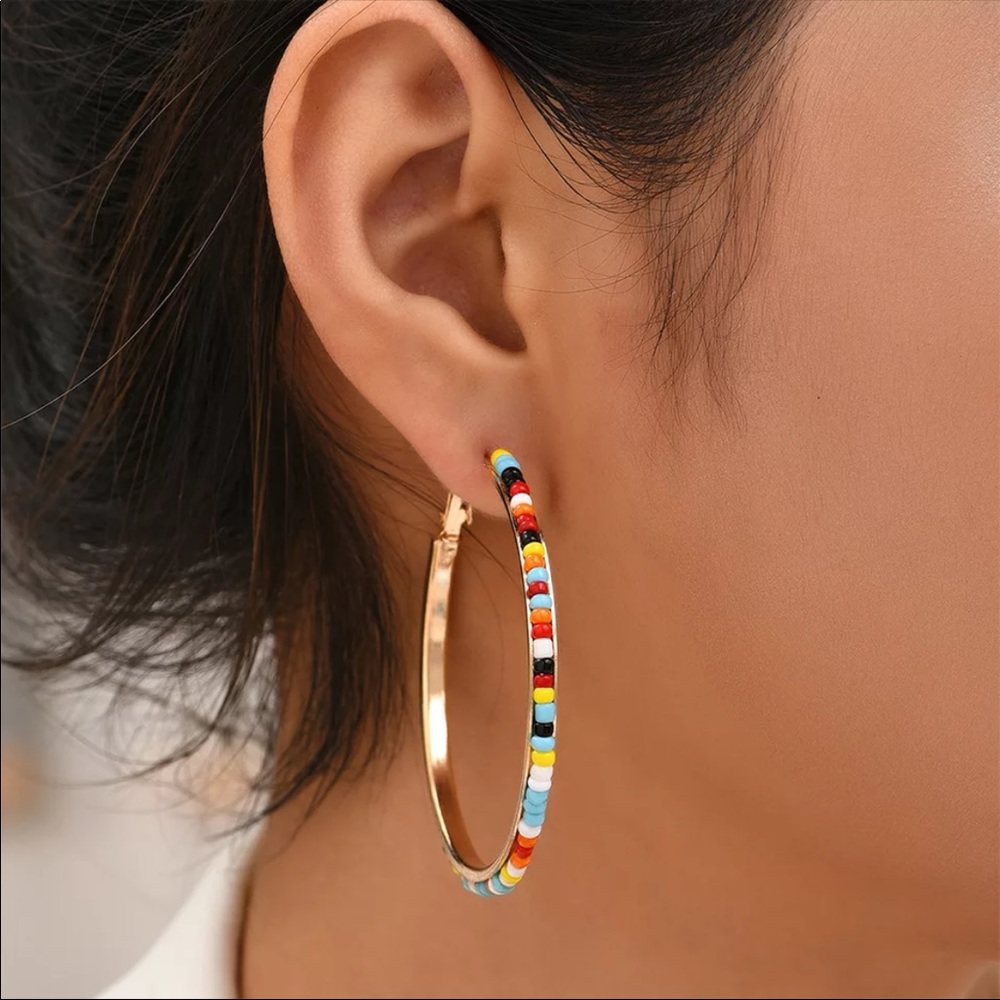 “Amara” Beaded Multicolor Ethnic Party Fiesta Festival Summer Cute Hoop Earrings